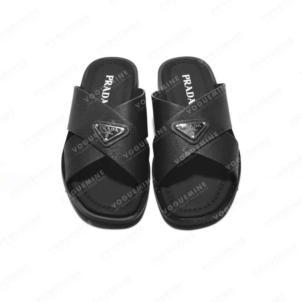 Prada Black Saffiano leather Crisscross Flip-flops-thumb-3