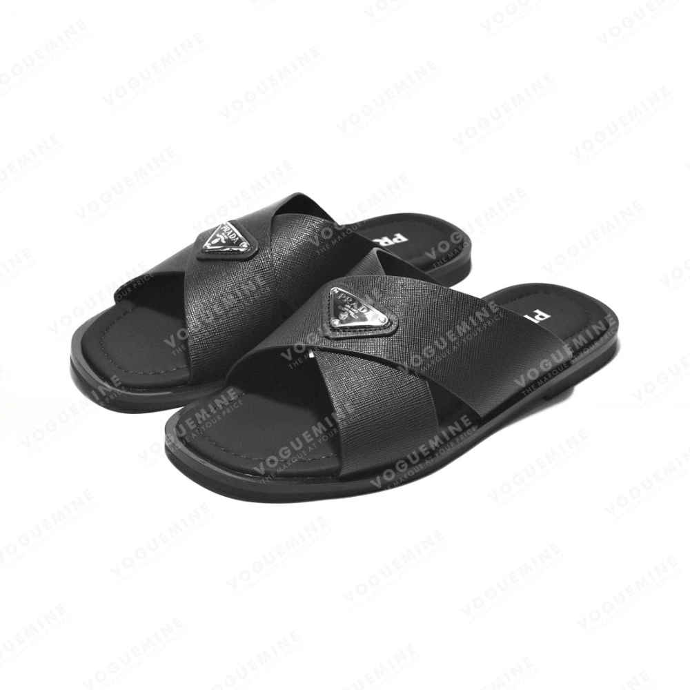 Prada Black Saffiano leather Crisscross Flip-flops-thumb-0