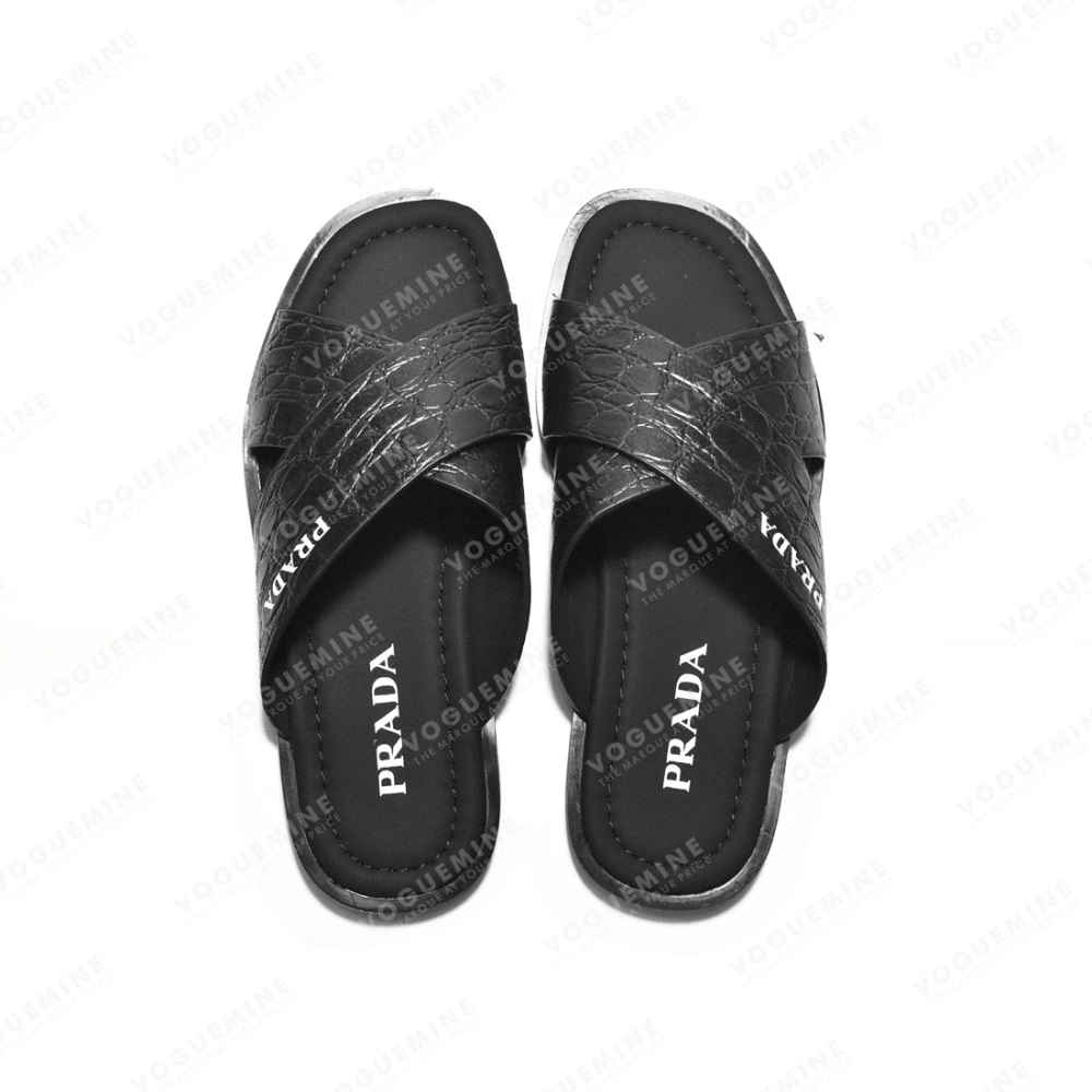 Prada Black Croc-embossed Crisscross Flip-flops-4