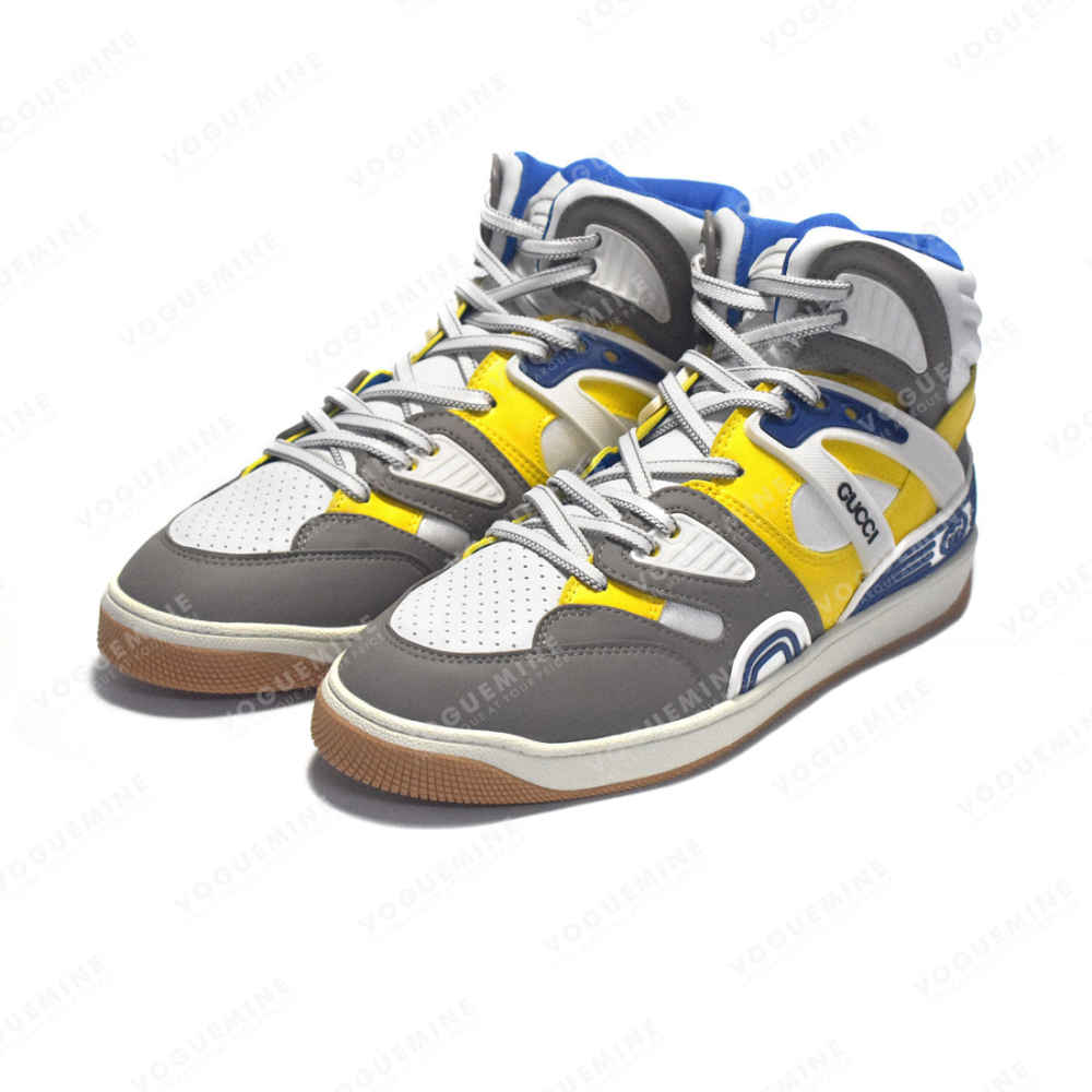 Gucci Yellow & Grey Basket High-Top Premium Sneakers-thumb-2