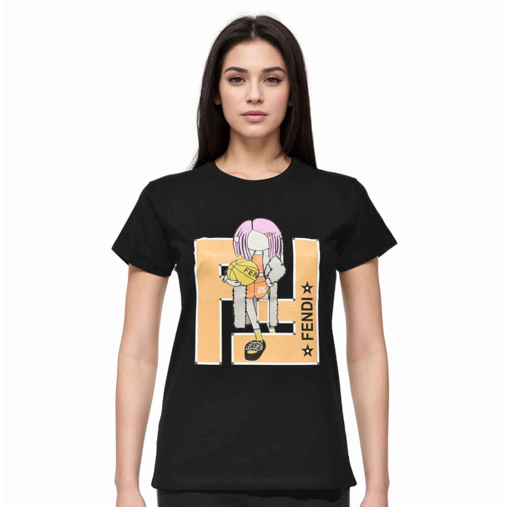 Fendi logo Print Black Premium Women T-shirt-thumb-0