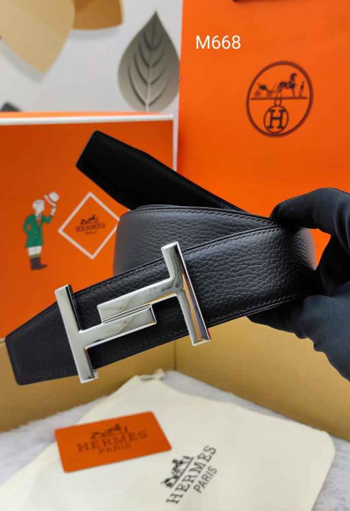 Hermes Black & Silver Premium Quality Leather Belt-thumb-0