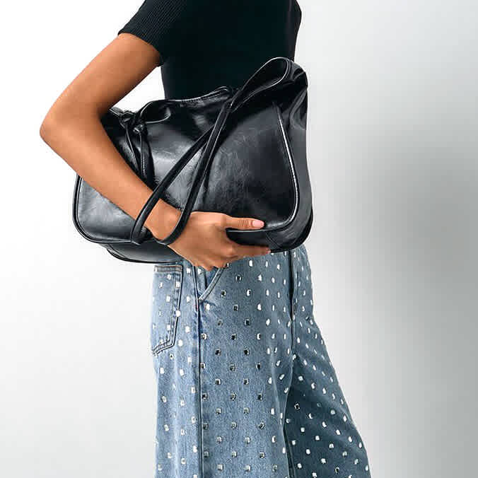 Charles & Keith Sianna Crinkle-Effect Slouchy Black Tote Bag-thumb-5