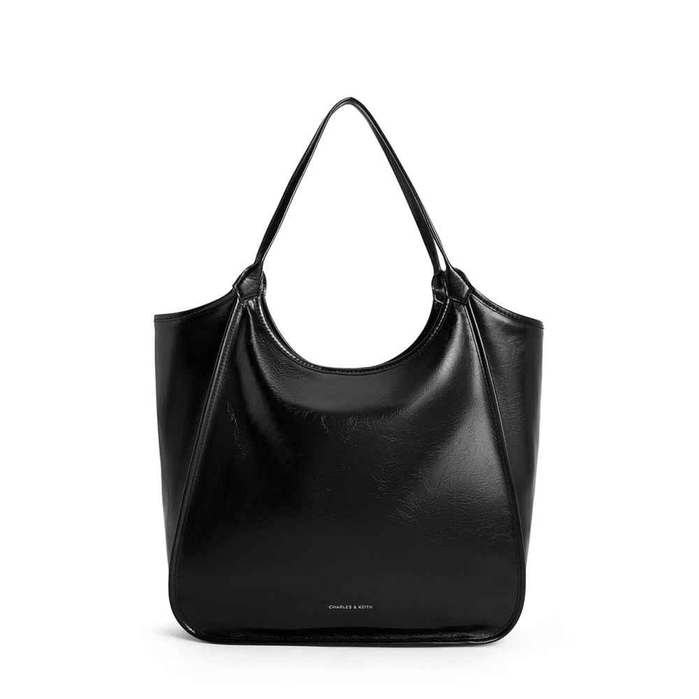 Charles & Keith Sianna Crinkle-Effect Slouchy Black Tote Bag-thumb-0