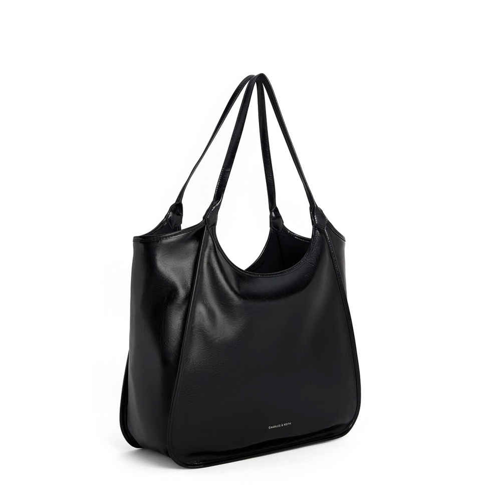 Charles & Keith Sianna Crinkle-Effect Slouchy Black Tote Bag-thumb-2
