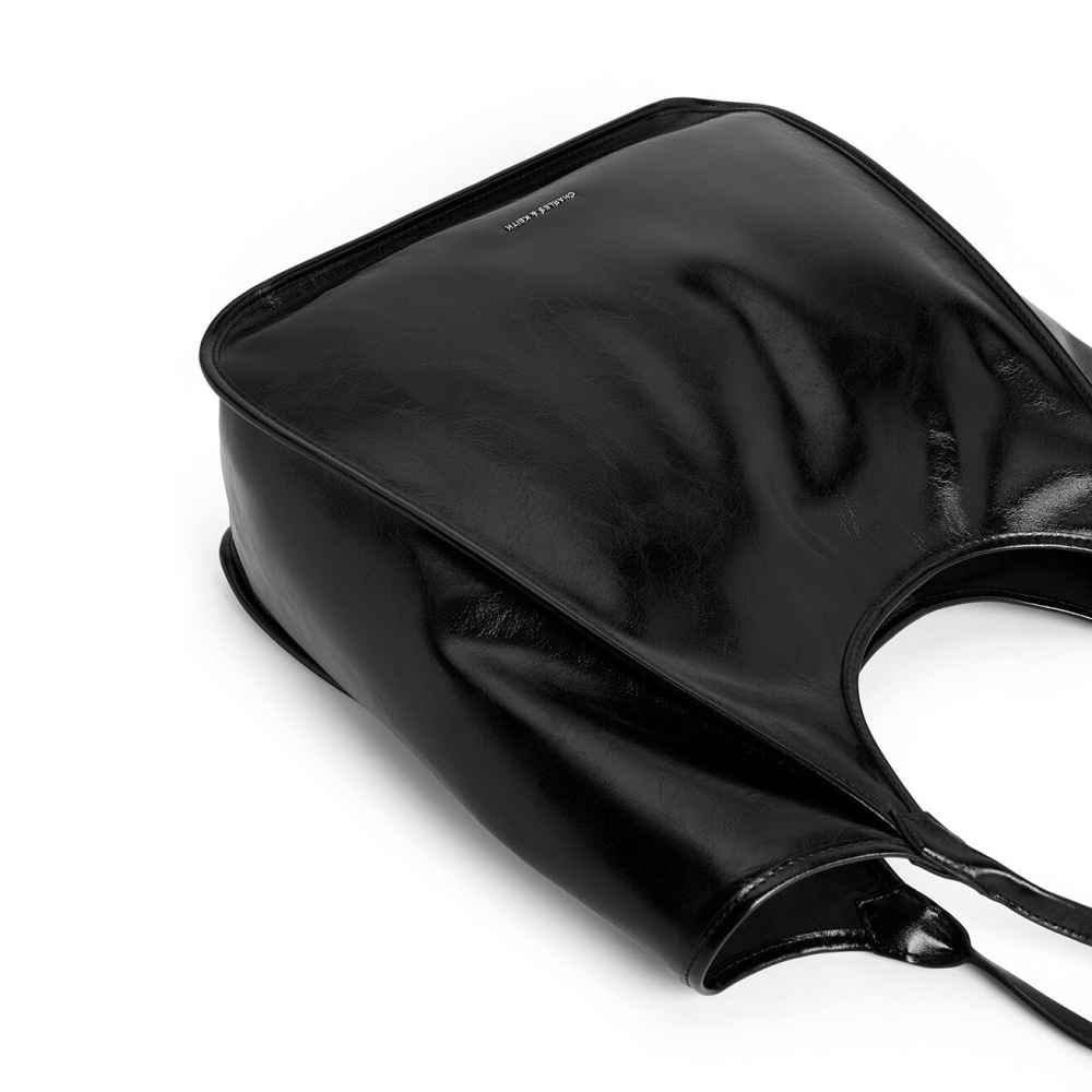 Charles & Keith Sianna Crinkle-Effect Slouchy Black Tote Bag-thumb-4