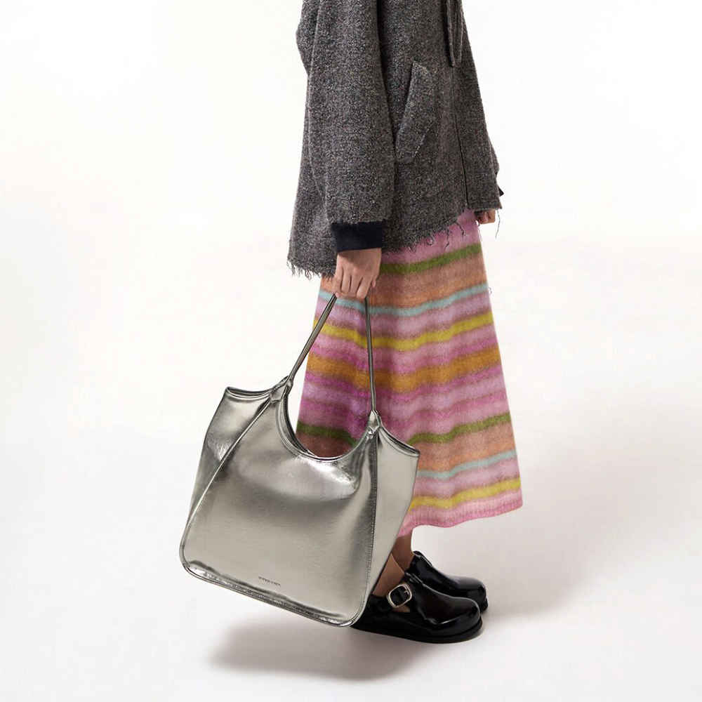 Charles & Keith Sianna Crinkle-Effect Slouchy Grey Tote Bag-8