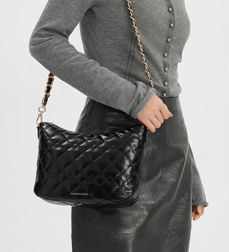 Charles & Keith Duo Quilted Slouchy Black Hobo Bag-thumb-5
