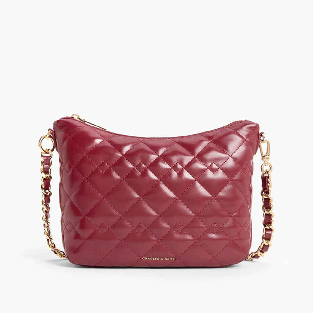 Charles & Keith Duo Quilted Slouchy Wine Hobo Bag-thumb-4