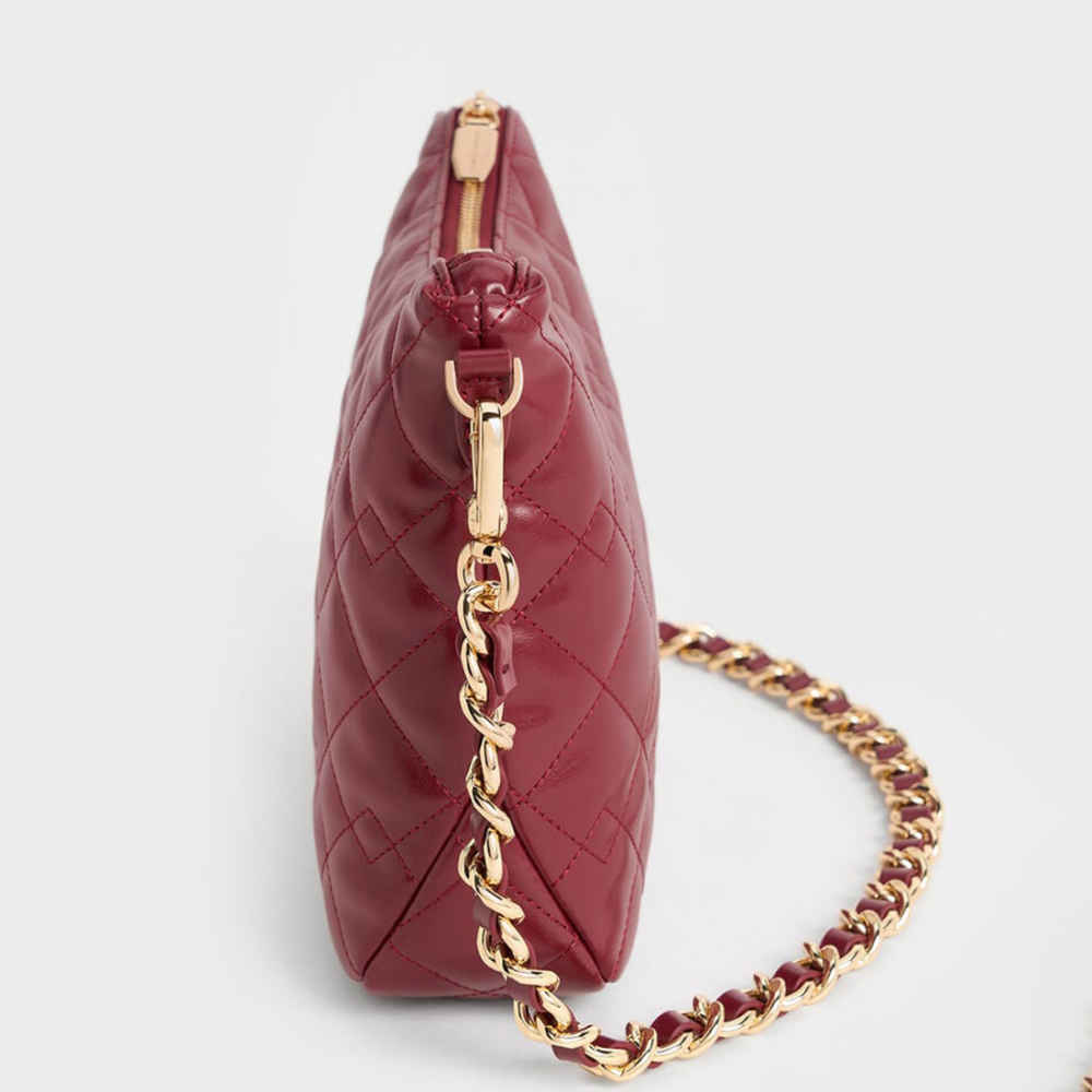Charles & Keith Duo Quilted Slouchy Wine Hobo Bag-thumb-2