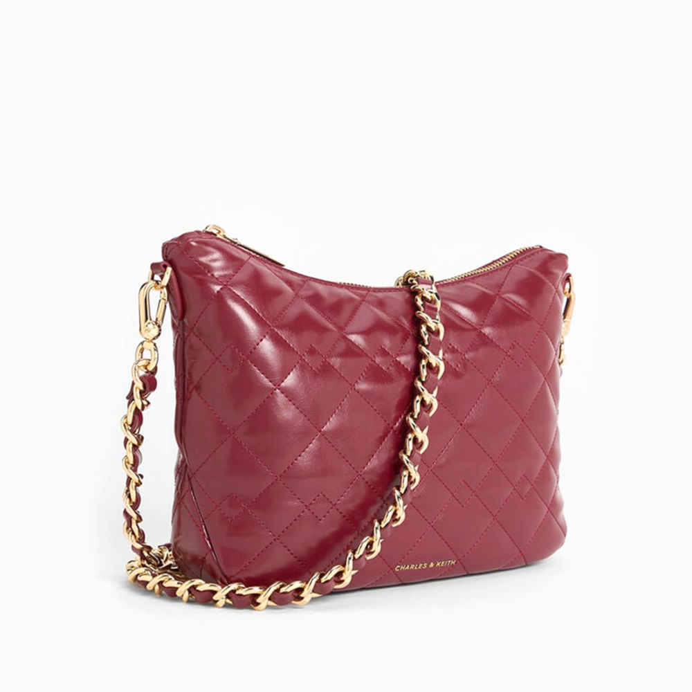 Charles & Keith Duo Quilted Slouchy Wine Hobo Bag-thumb-1