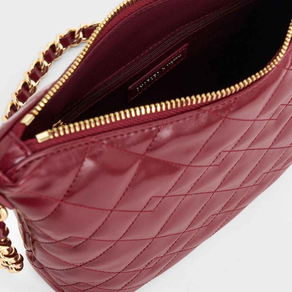 Charles & Keith Duo Quilted Slouchy Wine Hobo Bag-thumb-3