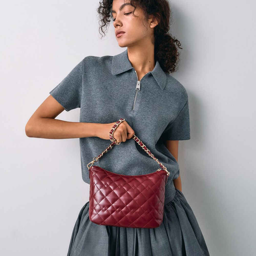 Charles & Keith Duo Quilted Slouchy Wine Hobo Bag-thumb-5