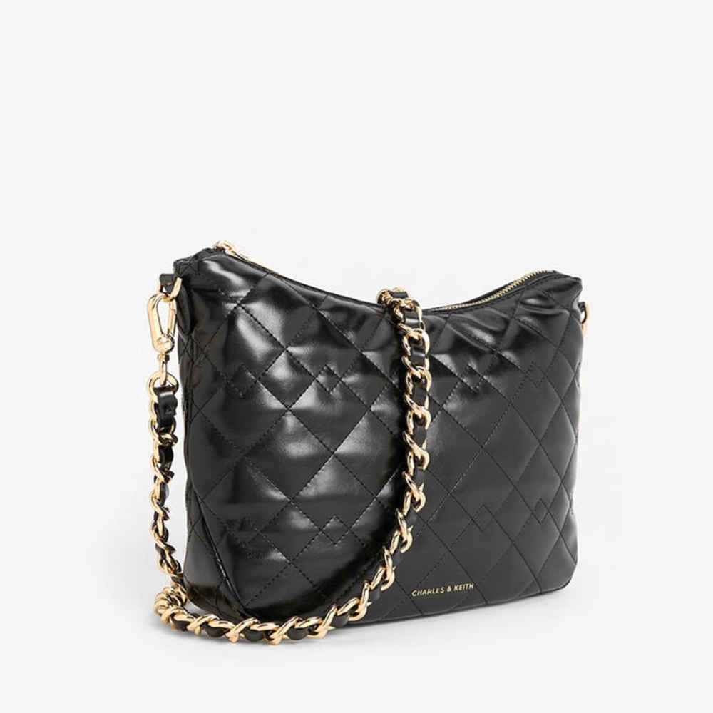 Charles & Keith Duo Quilted Slouchy Black Hobo Bag-thumb-1