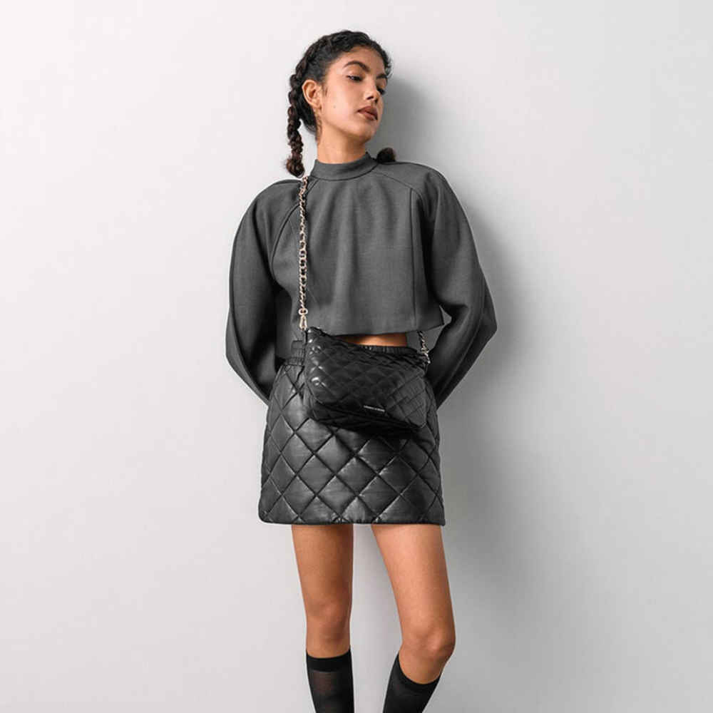 Charles & Keith Duo Quilted Slouchy Black Hobo Bag-thumb-6