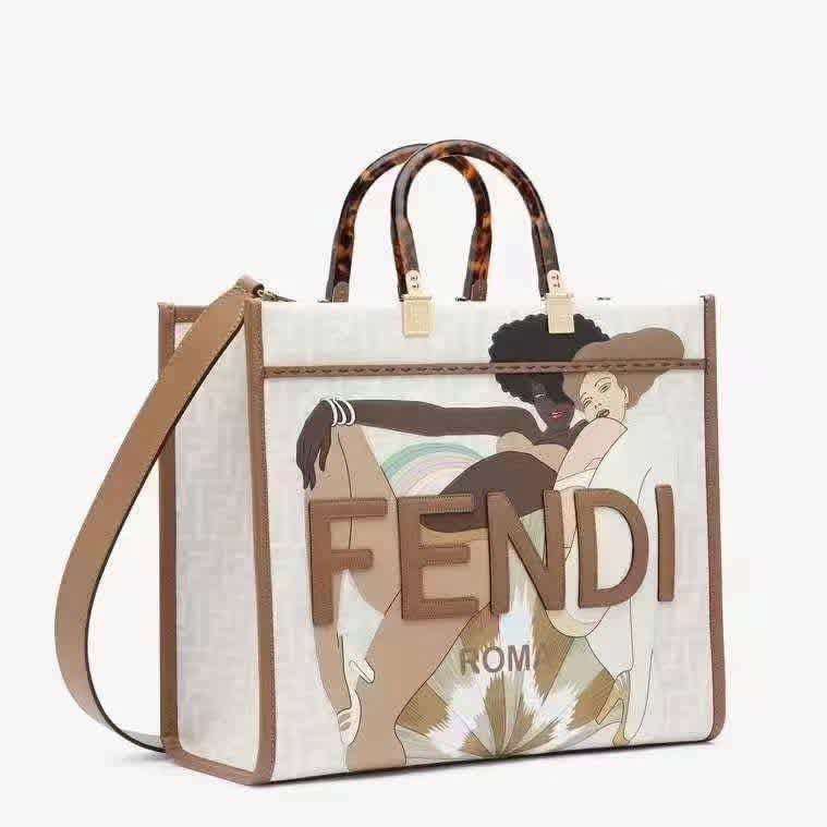 Fendi Roma Khaki Embroidery Cream Tote Bag-thumb-0