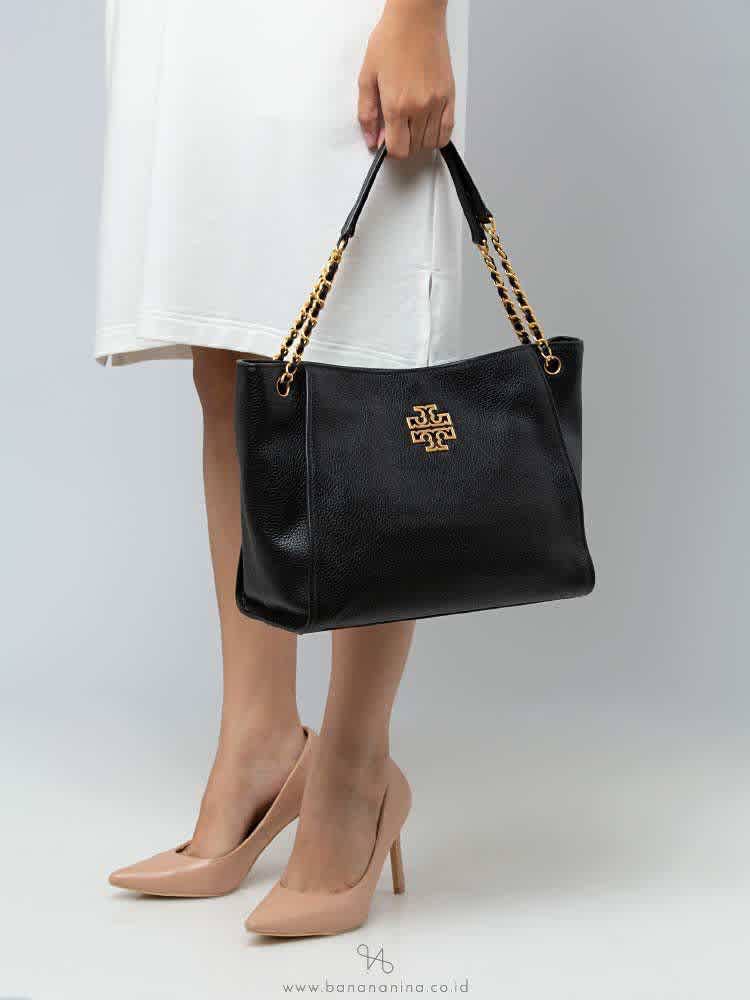 Tory Burch Britten Small Slouchy Black Tote Bag-thumb-0