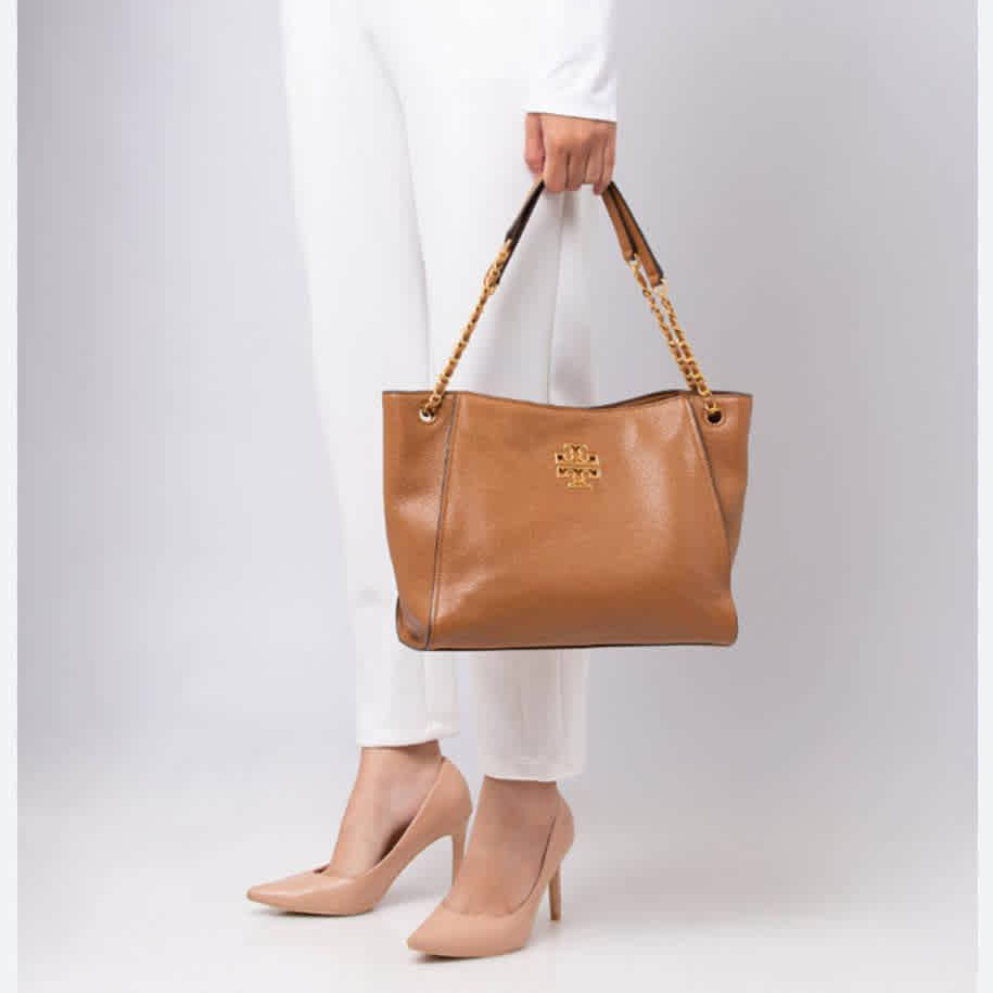 Tory Burch Britten Small Slouchy Brown Tote Bag-thumb-0