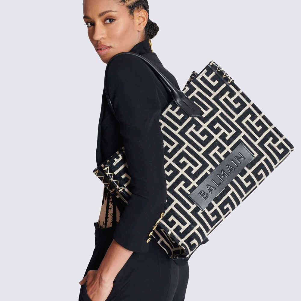 Balmain B-Army 42 monogram jacquard and leather Tote bag-4