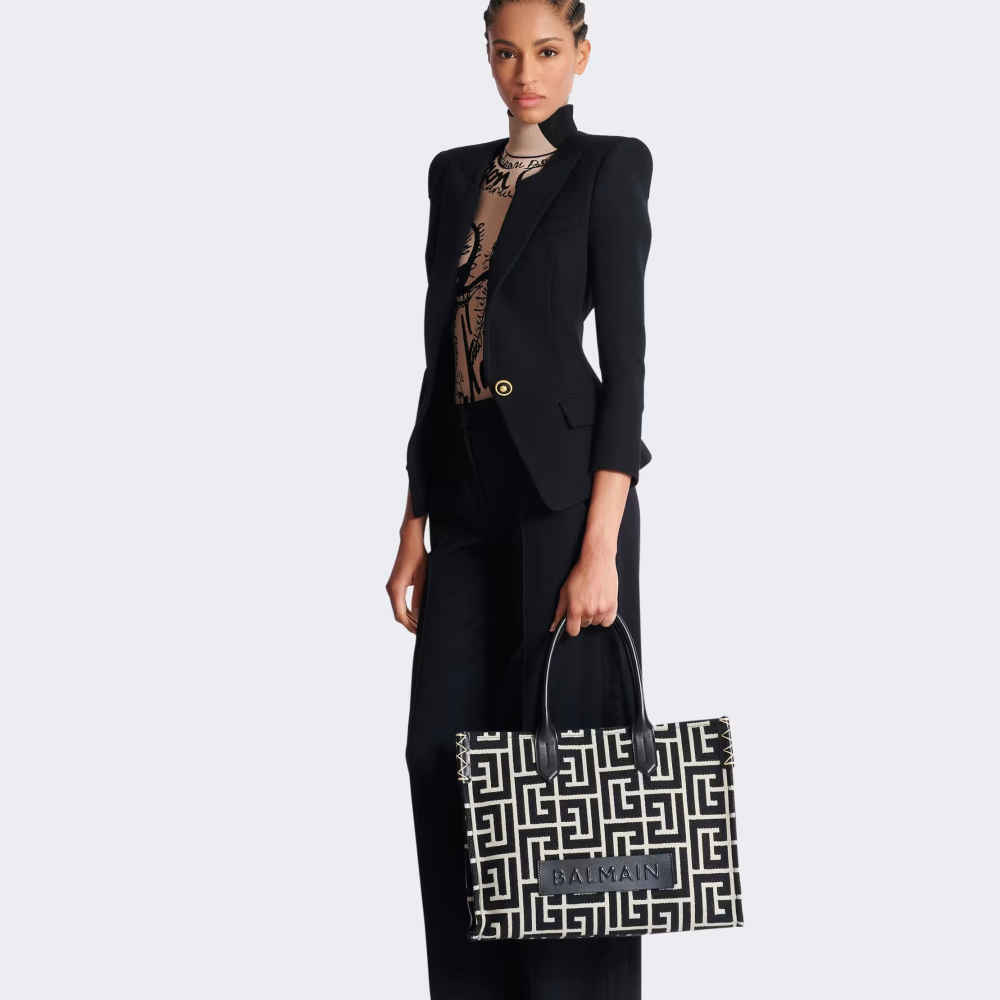 Balmain B-Army 42 monogram jacquard and leather Tote bag-5