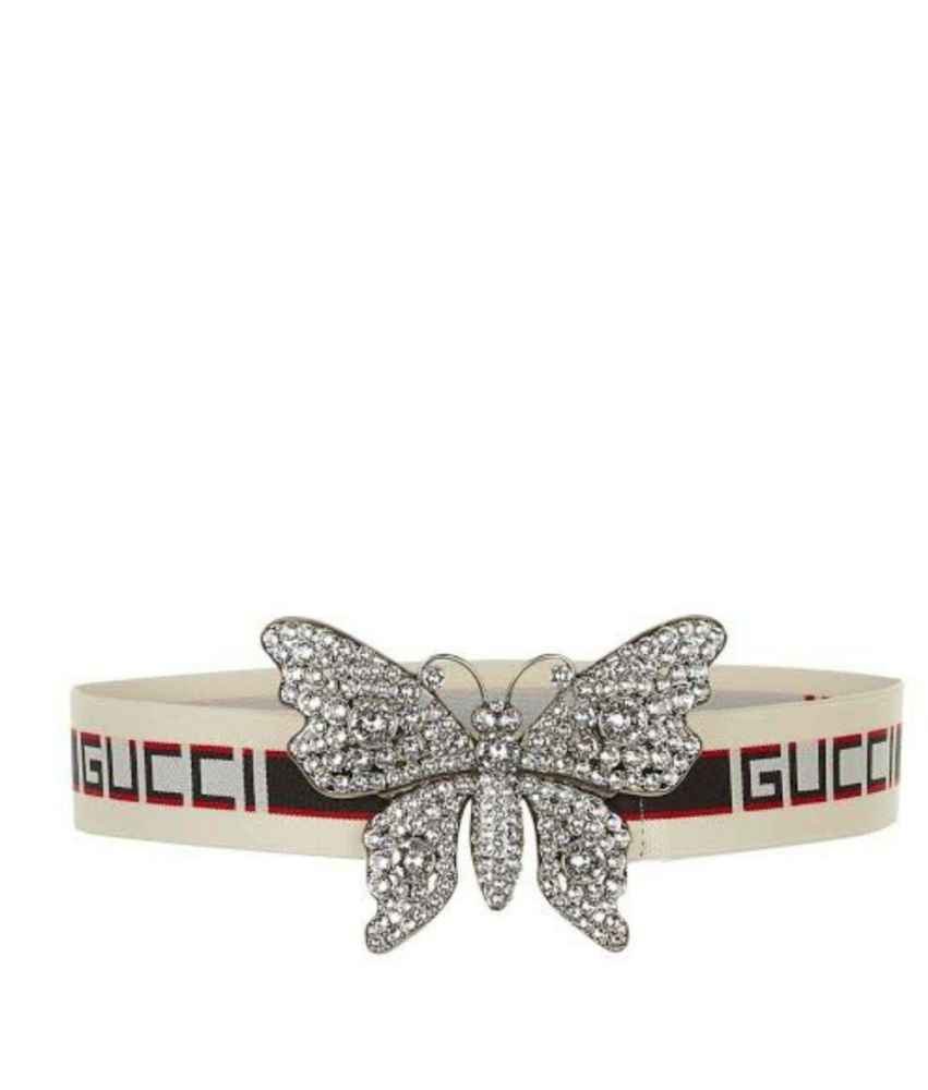 Gucci White Elastic Band Crystal Embellished Butterfly Buckle Belt-thumb-0