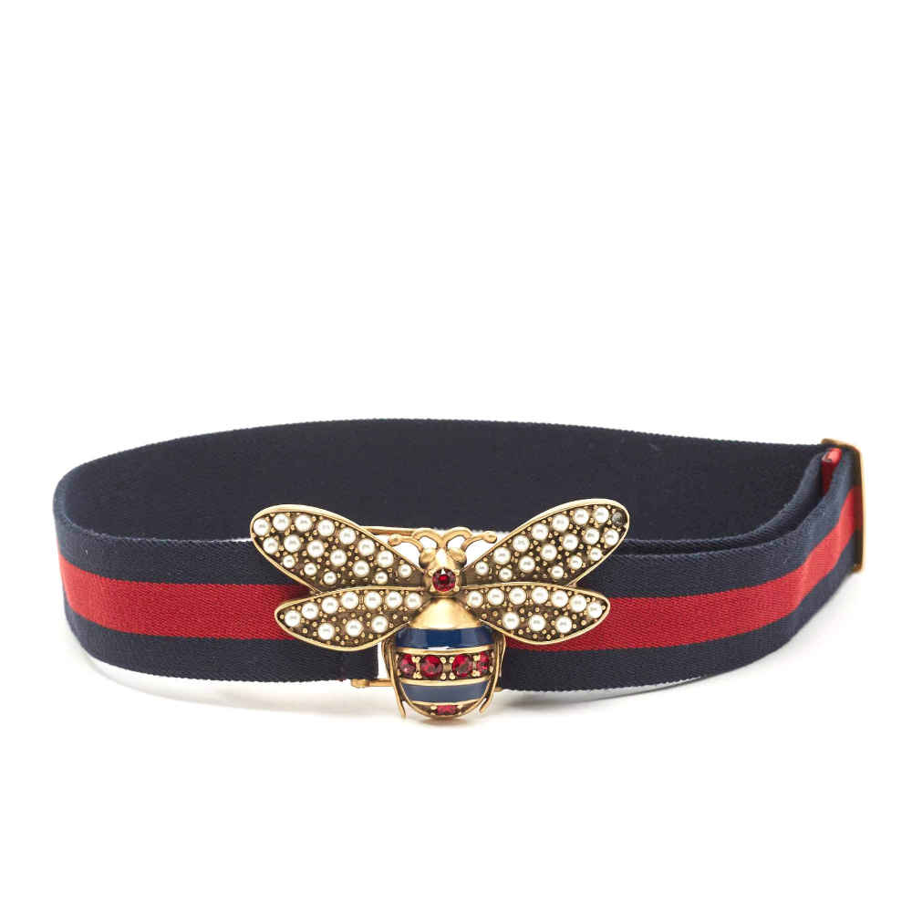Gucci Blue Elastic Band Crystal Embellished Butterfly Buckle Belt-thumb-1