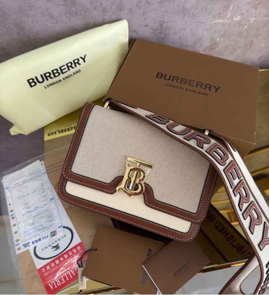 Burberry Beige/Brown Canvas and Leather Small TB Shoulder Bag-thumb-0