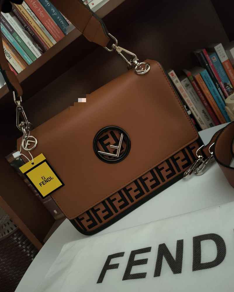 Fendi Brown/Black Zucca Embossed Leather Kan I F Top Handle Bag-thumb-0