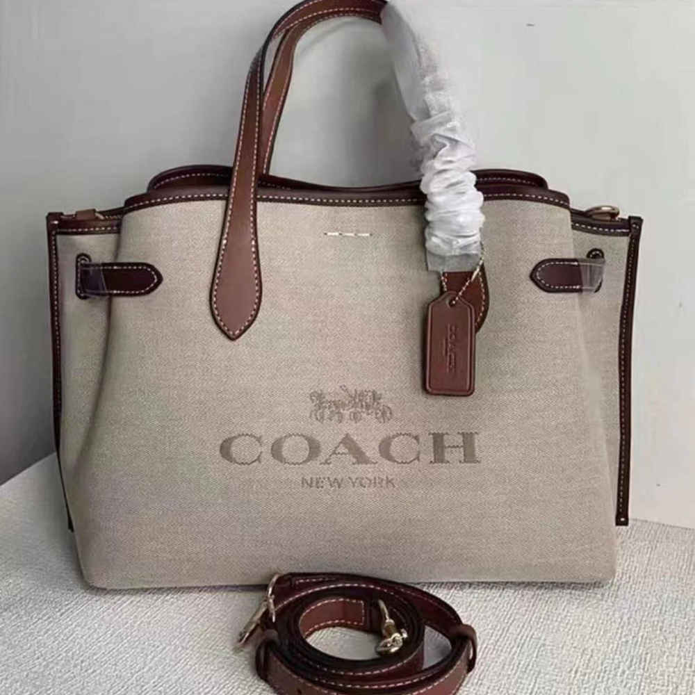 Coach Carryall Fabric Cow Leather Patchwork Beige Shoulder Bag-thumb-1