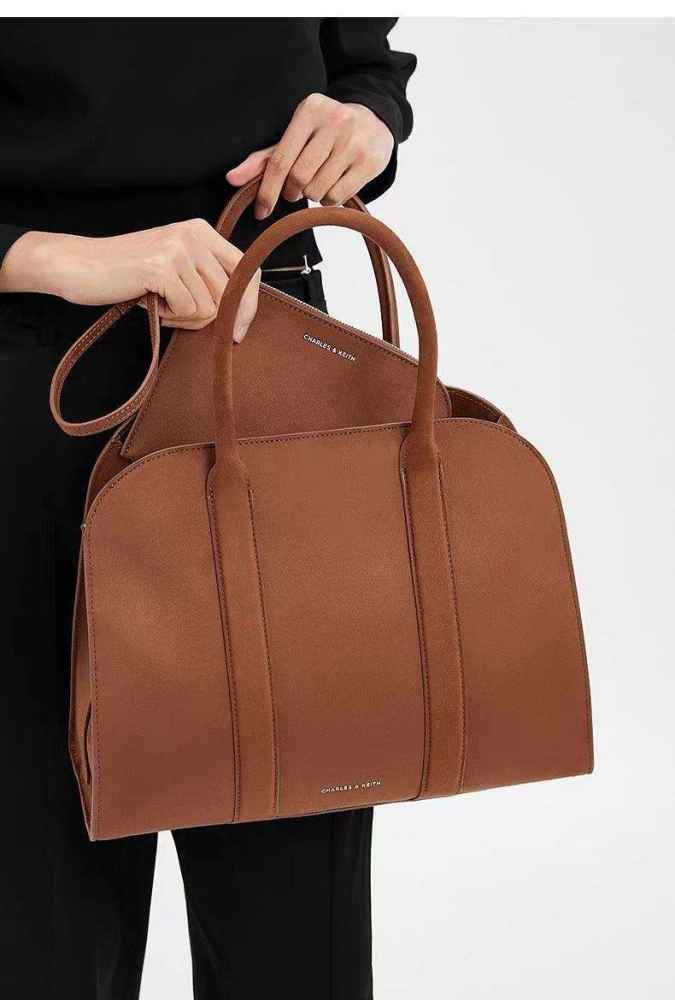 Charles & Keith Axel Faux Suede Brown Bowling Bag-1