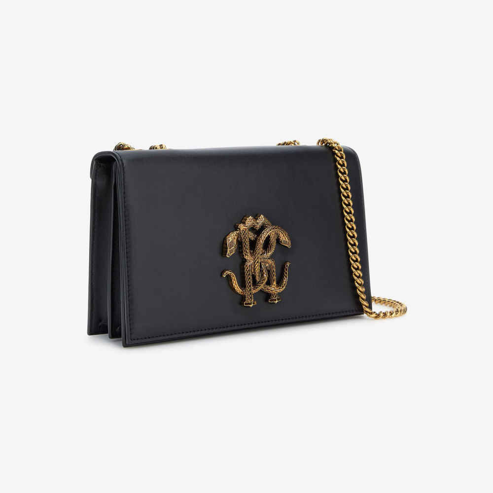 Roberto Cavalli Monogram Mirror Snake Black Shoulder Bag-thumb-2
