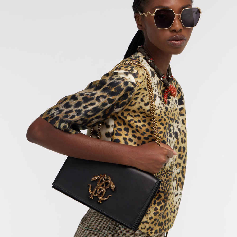 Roberto Cavalli Monogram Mirror Snake Black Shoulder Bag-thumb-4