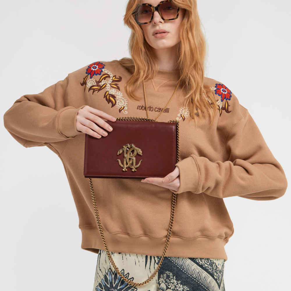 Roberto Cavalli Monogram Mirror Snake Wine Shoulder Bag-thumb-4