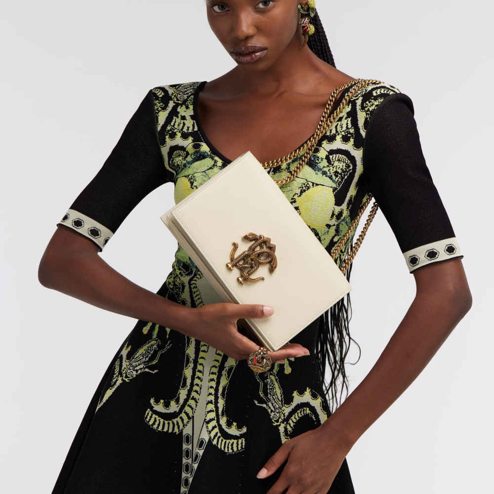 Roberto Cavalli Monogram Mirror Snake White Shoulder Bag-4