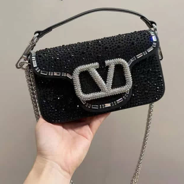 Valentino Garavani Locò Embroidered Black Small Shoulder Bag-thumb-0