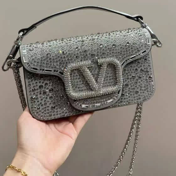 Valentino Garavani Locò Embroidered Grey Small Shoulder Bag-thumb-0