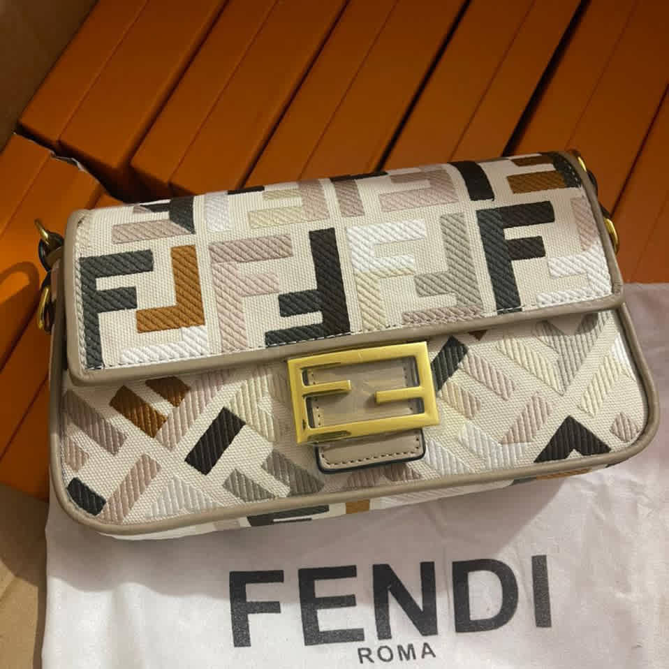 Fendi Baguette FF embroidery Multicolor Tan canvas bag-1