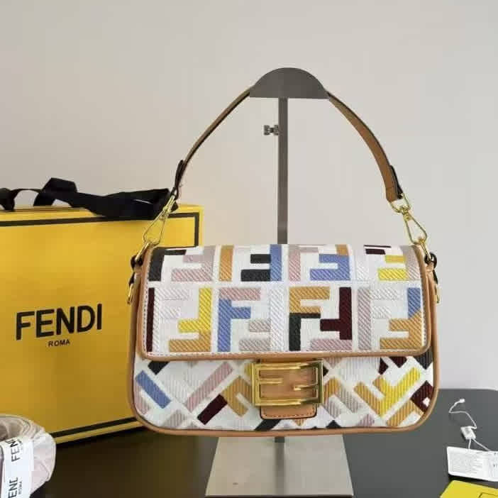 Fendi Baguette FF embroidery Multicolor Tan canvas bag-thumb-0