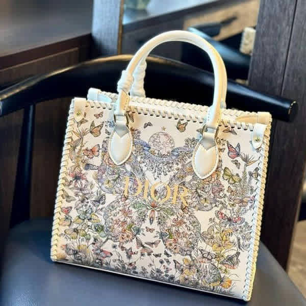Dior Braided Printed Medium Cream Tote Bag-thumb-0