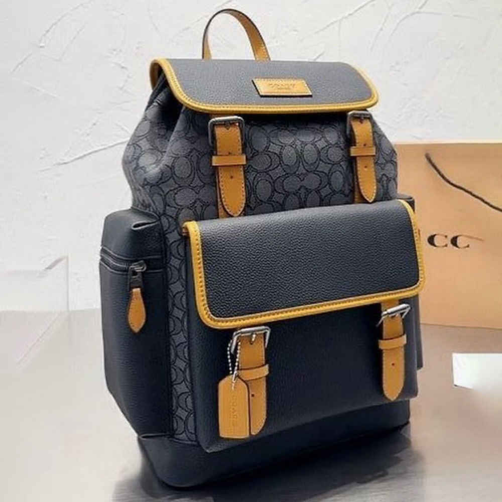 Coach Black & Yellow Backpack In Signature Canvas-thumb-0