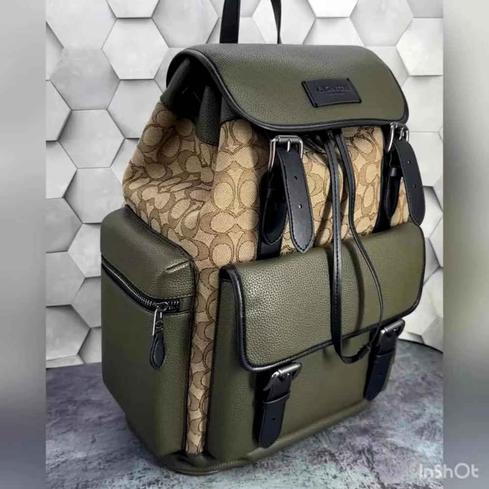 Coach Beige & Green Backpack In Signature Canvas-thumb-0
