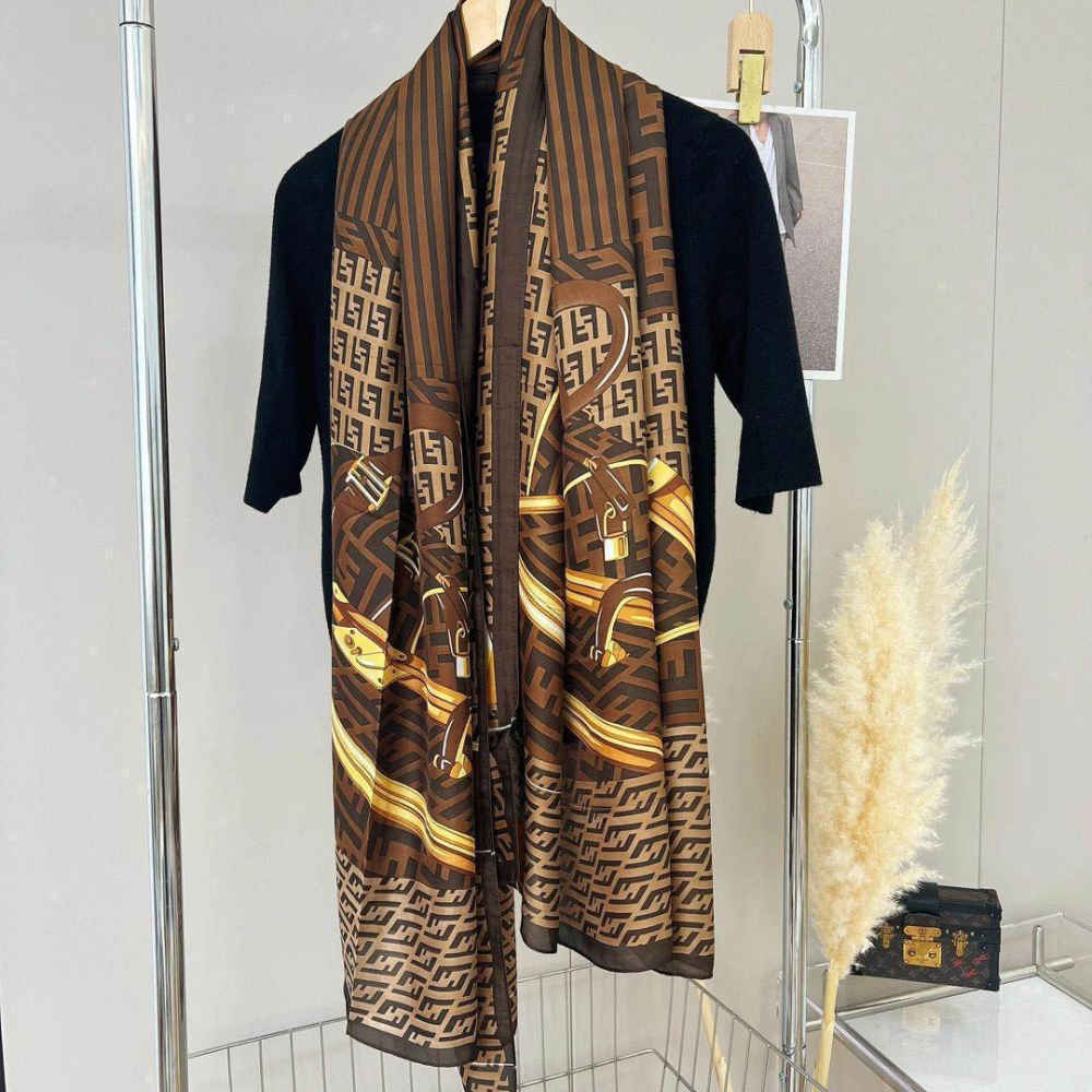 Fendi "FF" Designer Brown Silk Stole-4