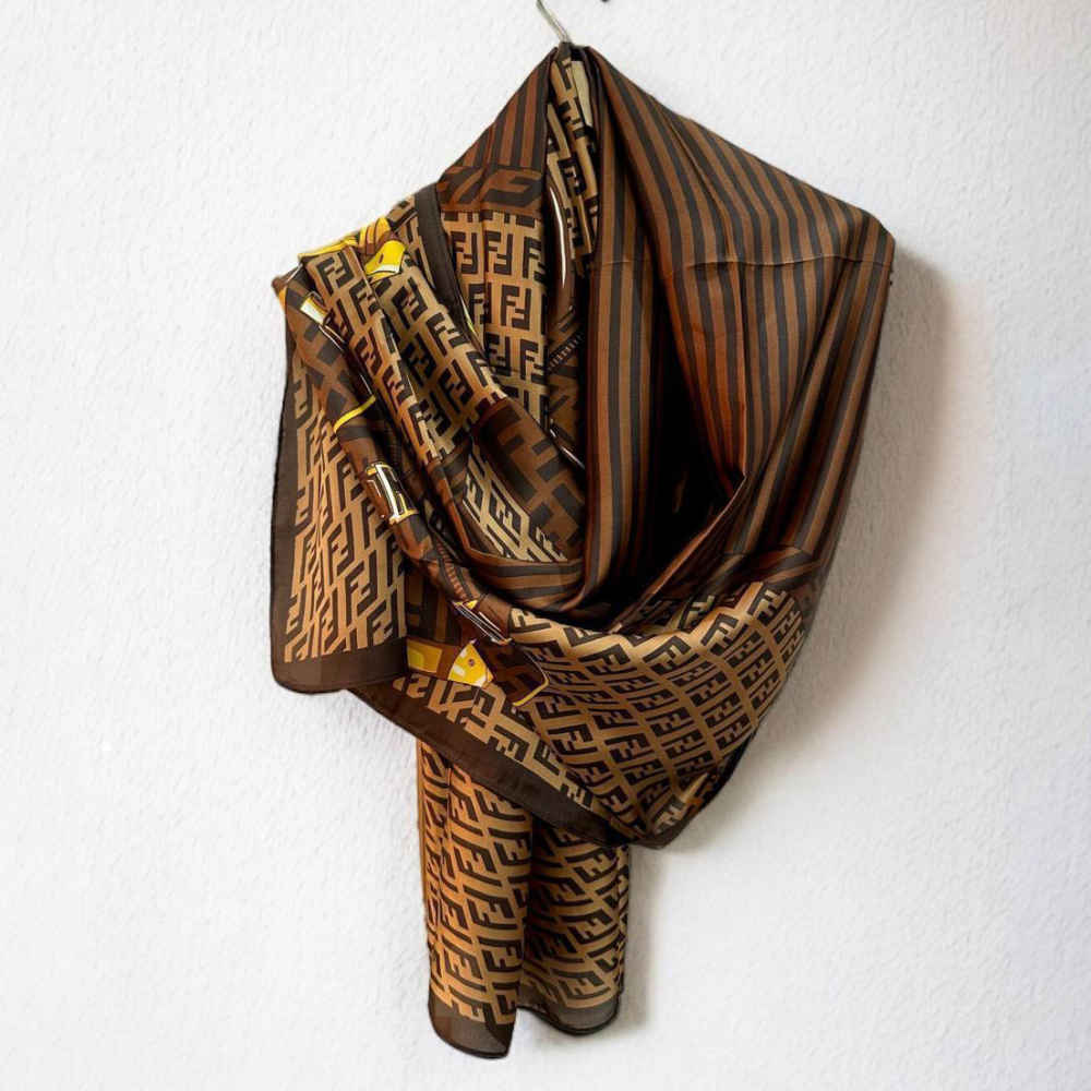 Fendi "FF" Designer Brown Silk Stole-2