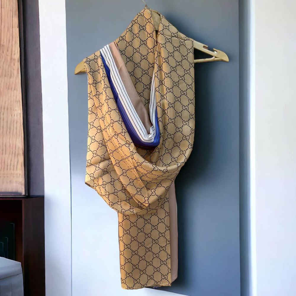 Gucci Designer Beige & Blue Silk Stole-thumb-2
