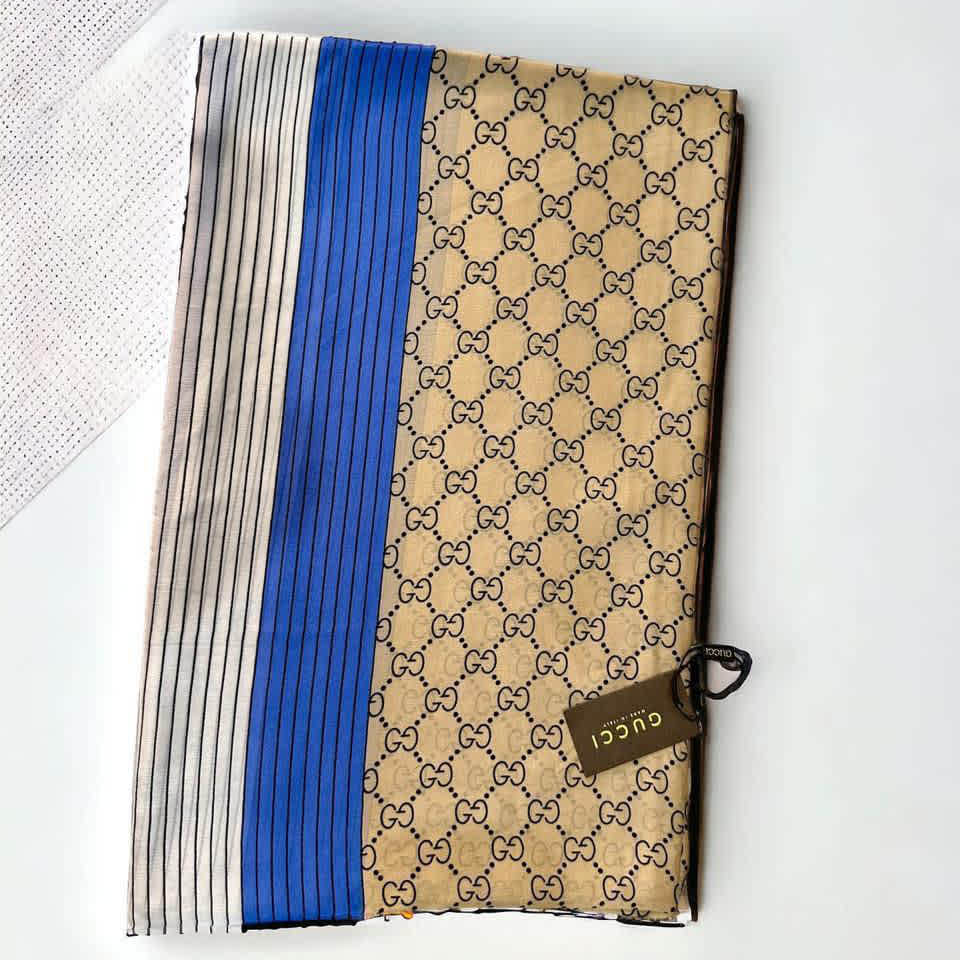 Gucci Designer Beige & Blue Silk Stole-thumb-3