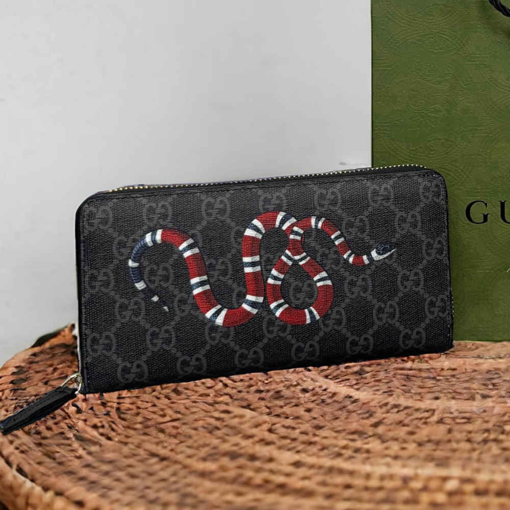 Gucci GG Supreme Monogram Kingsnake Zip Around Wallet Black Grey-thumb-4