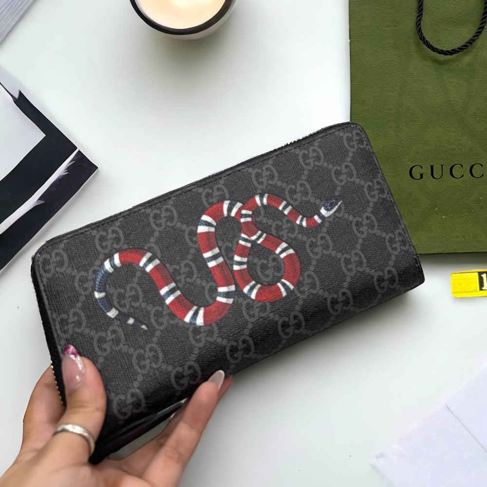 Gucci GG Supreme Monogram Kingsnake Zip Around Wallet Black Grey-thumb-2