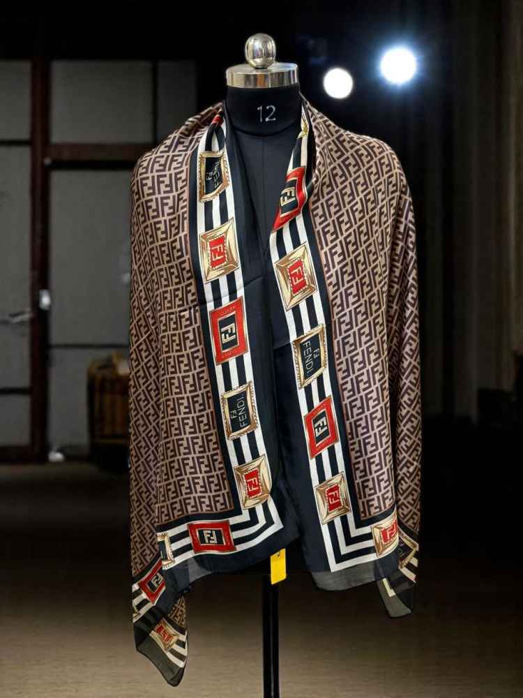 Fendi "FF" Designer Brown Silk Stole-3