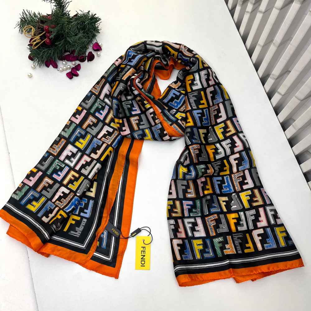 Fendi "FF" Designer Orange Multicolor Silk Stole-thumb-0