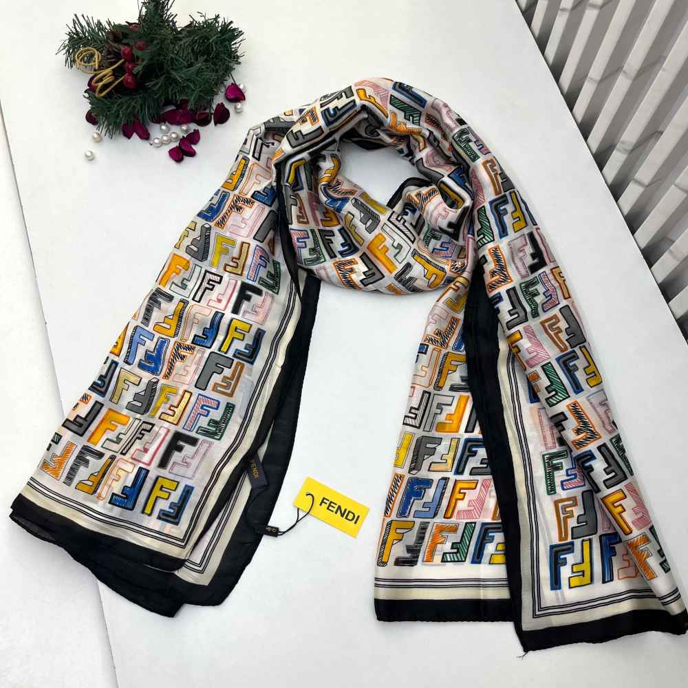 Fendi "FF" Designer Black Multicolor Silk Stole-thumb-0